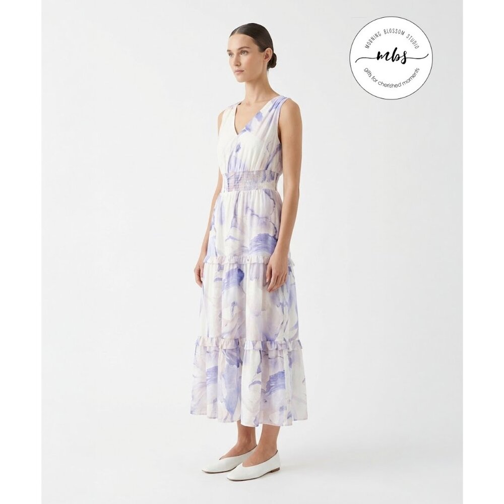 NWT Rielle Watercolor Smocked Lined Maxi Dress Cottage Lavender White‎ Women S